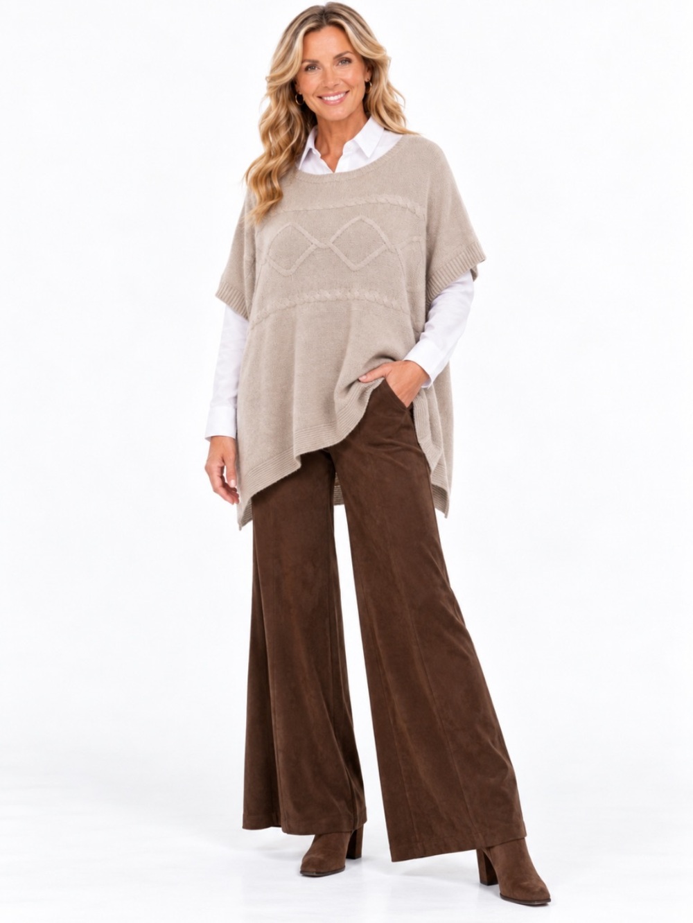 CHAPS Light Taupe Cable-Knit Poncho Sweater Size: S/M